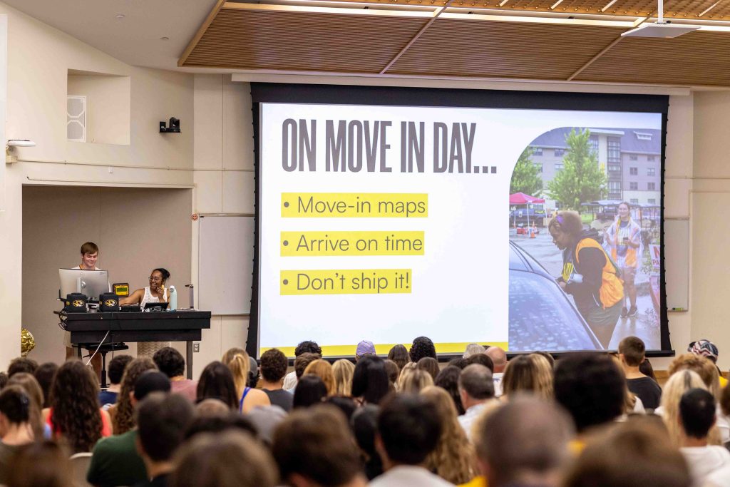 Incoming freshmen hear presentations about expectations for move in day, dining options and other campus resources.